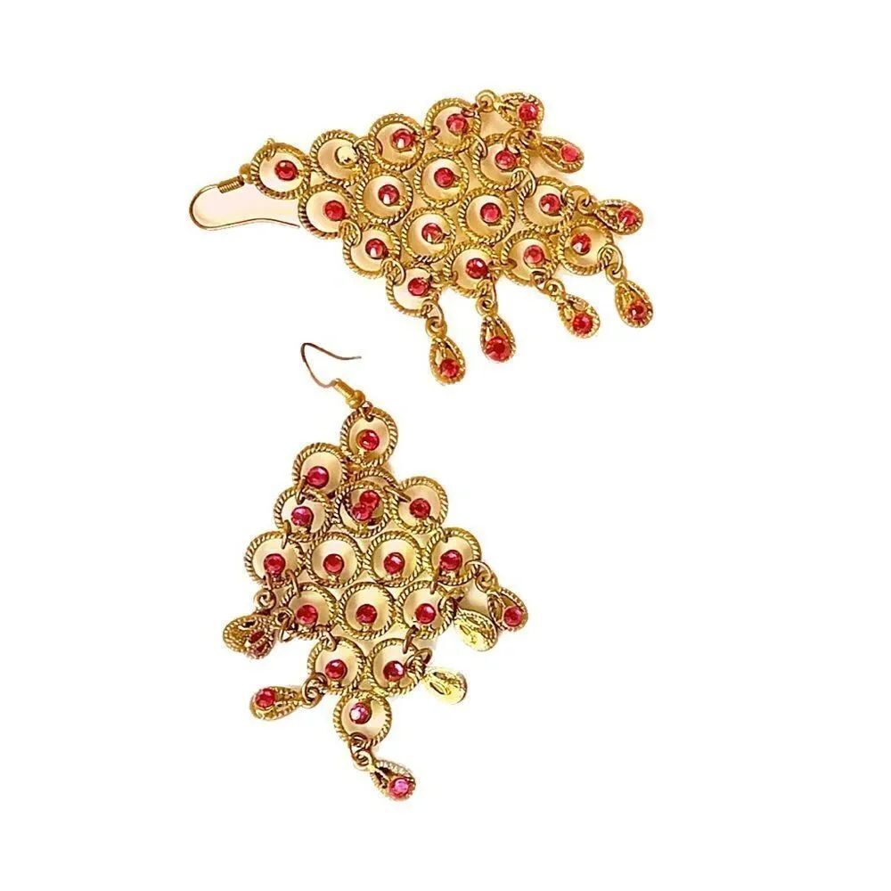 Gold & Pink Waterfall Rhinestone Earrings